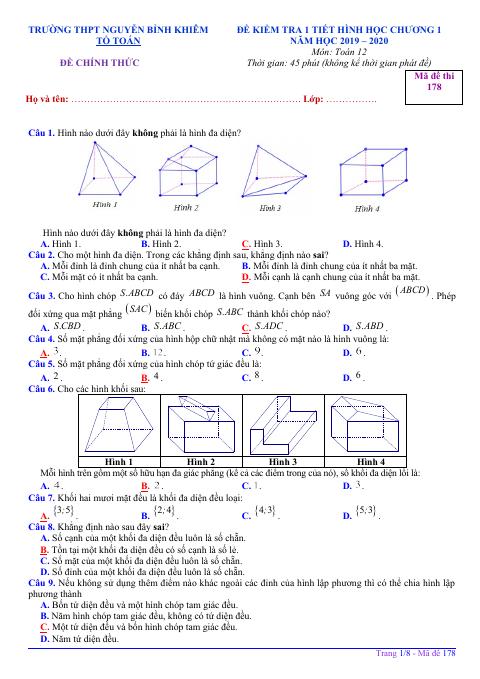 Đề kiểm tra Hình học 12 chương 1 năm 2019 – 2020 trường Nguyễn Bỉnh Khiêm – Gia Lai (bản Word)